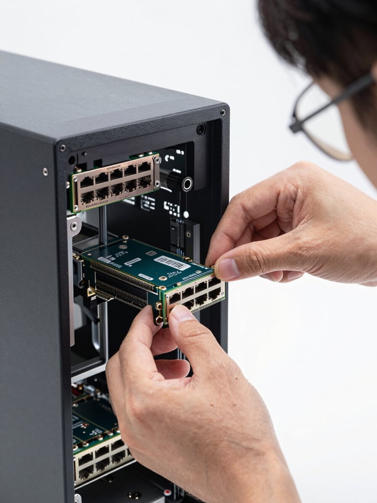 Hands of a technician installing a network card into a desktop tower under bright studio strobe, extreme close-up, metal components sharp and precise, clean white background
