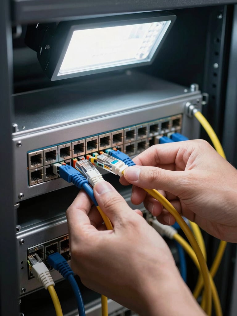 Close-up of hands routing ethernet cables into a patch panel inside a network closet, studio strobe lighting from above, clean cable management visible, no shadows on the panel face
