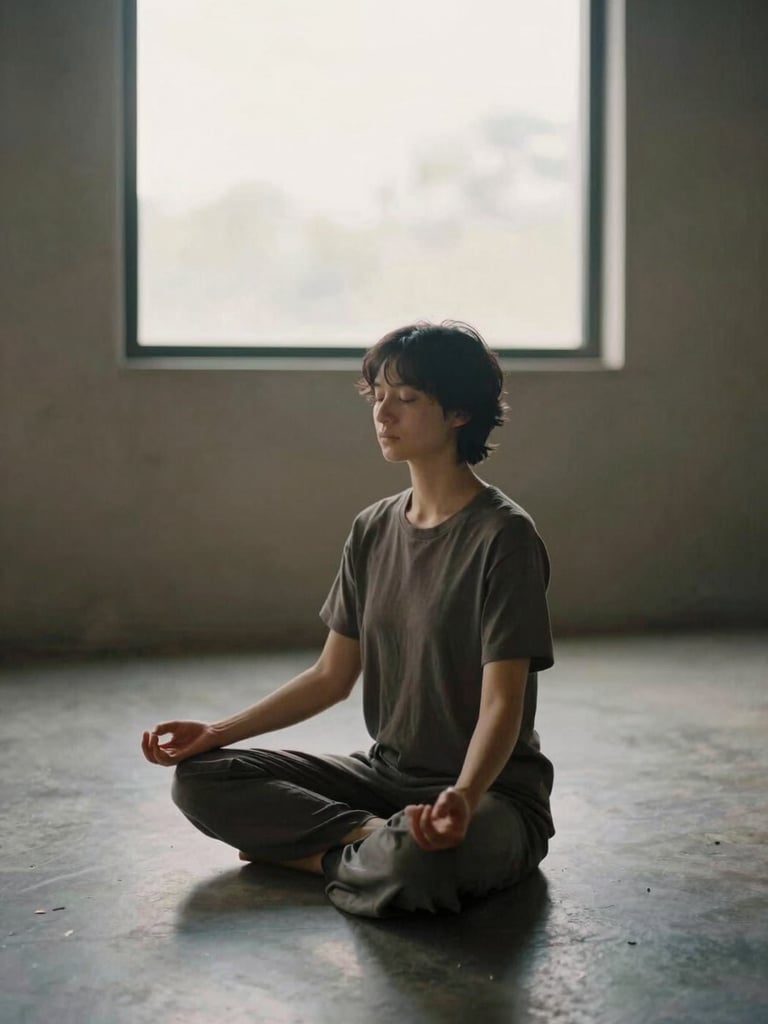 A solitary individual sitting in quiet meditation in a minimalist studio space, soft morning daylight filtering through a window, muted earth tones, 35mm photography.