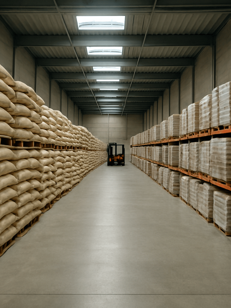 Wide environmental shot inside a large food distribution warehouse — organized rows of bulk grain sacks and palletized staple goods under overhead daylight panels, a forklift visible in the far aisle, clean concrete floor, overcast-equivalent industrial lighting with no dramatic shadows, framed from mid-height looking down the central aisle to convey operational scale