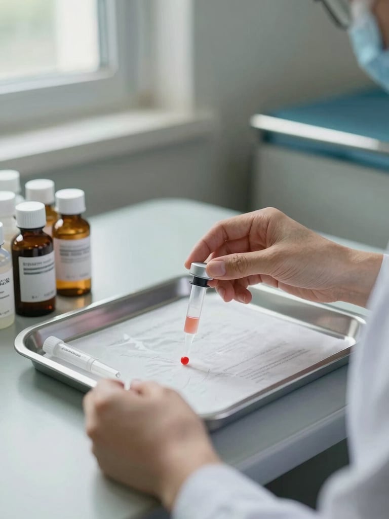 Close-up environmental shot of a nurse's hands preparing a medication tray in a clinical treatment room, labeled medication bottles in the background, natural window light from the left, documentary style, no faces visible