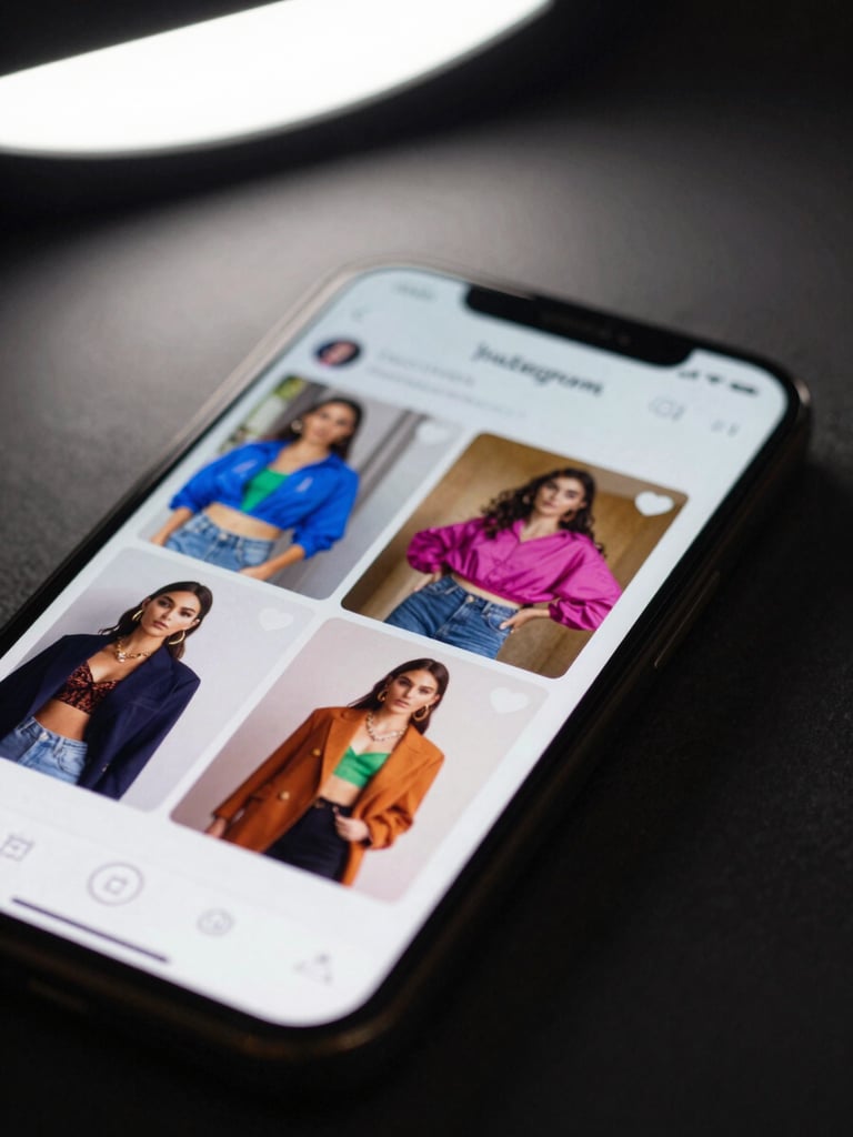 Close-up of a smartphone screen displaying an Instagram Reels feed with a vibrant fashion brand reel paused mid-frame, screen glow illuminating the dark surface beneath the phone, shallow depth of field, studio overhead lighting