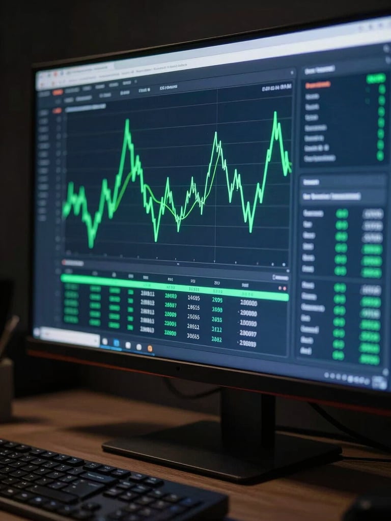 Close-up of a glowing analytics dashboard on a wide monitor in a dark studio, neon green data lines cutting across dark blue panels, keyboard edge in foreground, screen glow illuminating workspace