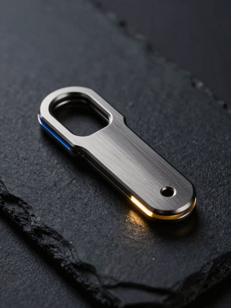 A sleek hardware security key made of brushed dark titanium, resting on a dark slate surface, illuminated by a single sharp gold light leak, cinematic macro photography.