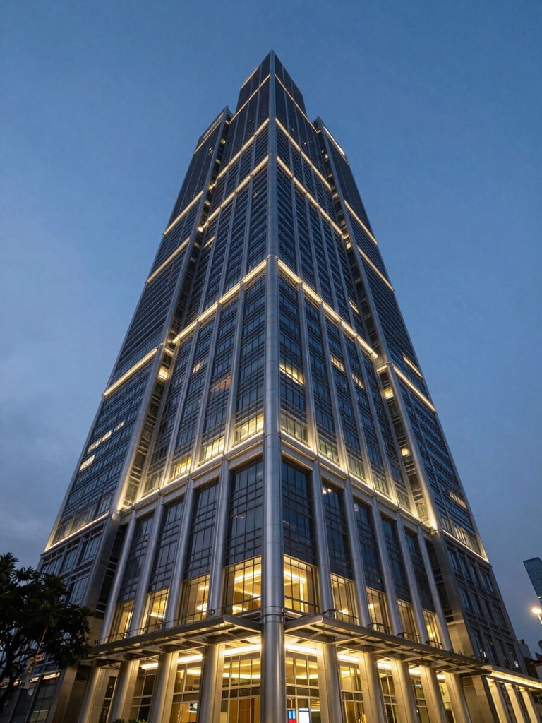 Wide-angle architectural shot of a modern high-rise office tower in Jakarta during the blue hour, highlighting structural lighting and steel elements, dramatic perspective.
