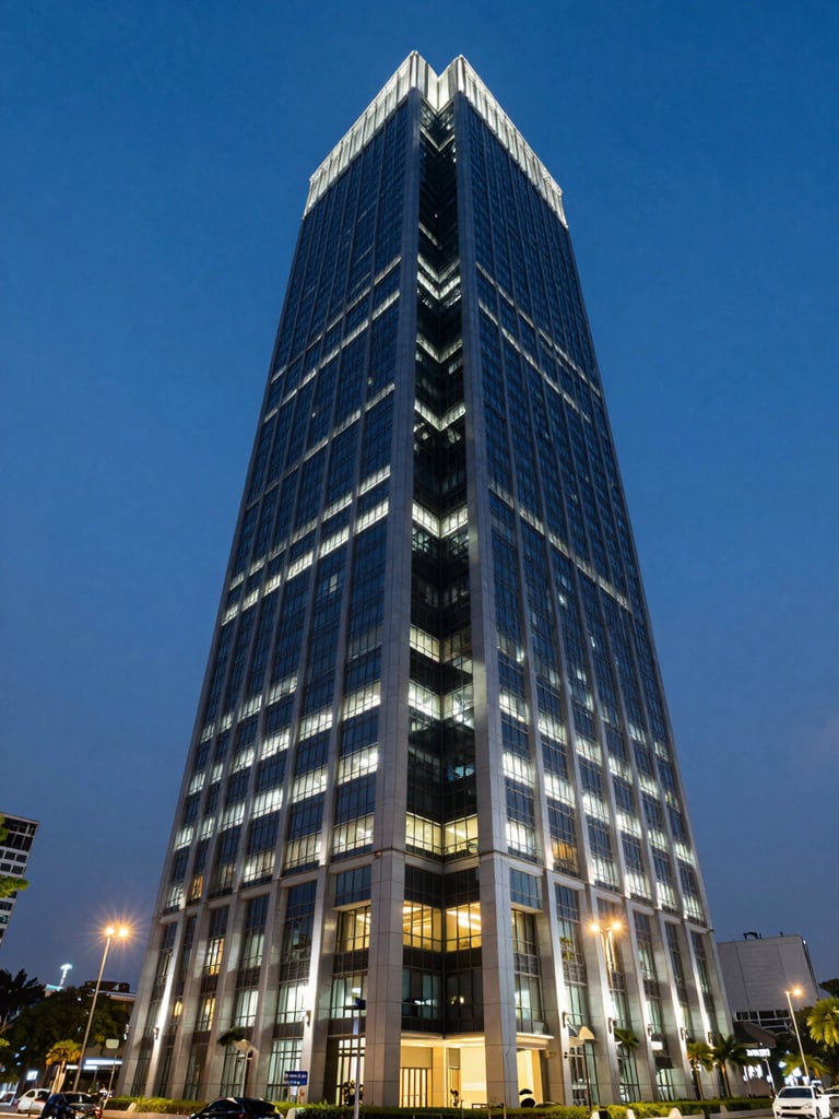 Wide-angle blue hour shot of a modern high-rise office building in Jakarta, highlighting structural lighting and clean architectural lines.