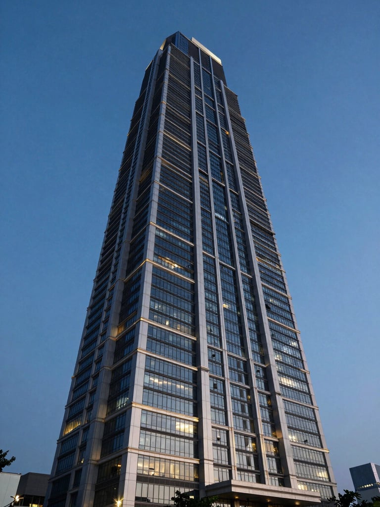 Wide-angle architectural shot of a modern high-rise tower in Jakarta captured during the blue hour, highlighting sharp structural lighting and clean geometric lines against a deep twilight sky.