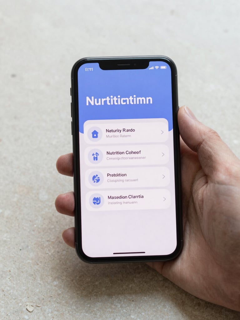 Close-up top-down view of a hand resting beside a smartphone on a pale stone surface, the screen showing a soft indigo nutrition summary card with clean sans-serif text, north-facing diffused studio light, minimal and precise