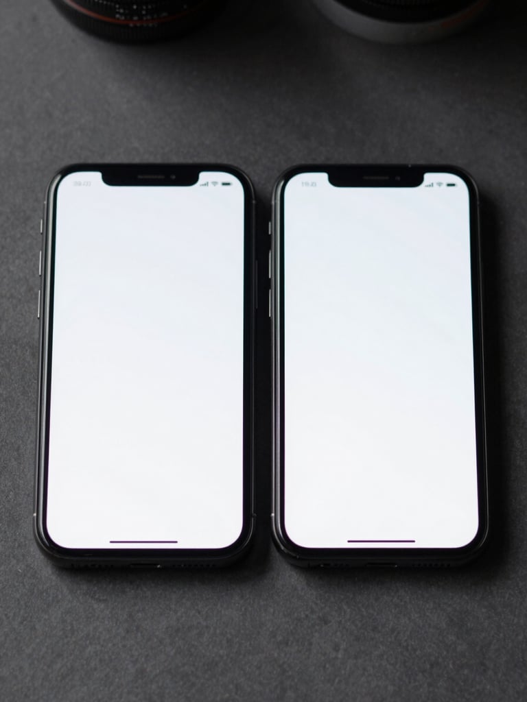 Close-up of two smartphones side by side on a matte charcoal surface under soft studio light, screens facing forward showing clean minimal app interfaces, slight depth-of-field blur behind, no faces