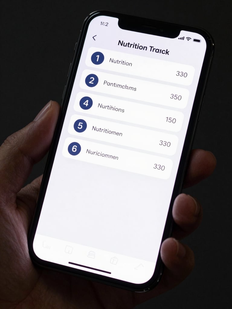 Close-up of a smartphone screen showing a minimal nutrition tracking interface with clean typography and soft indigo accents, held in a hand against a near-black neutral background, studio ambient light, precise editorial framing