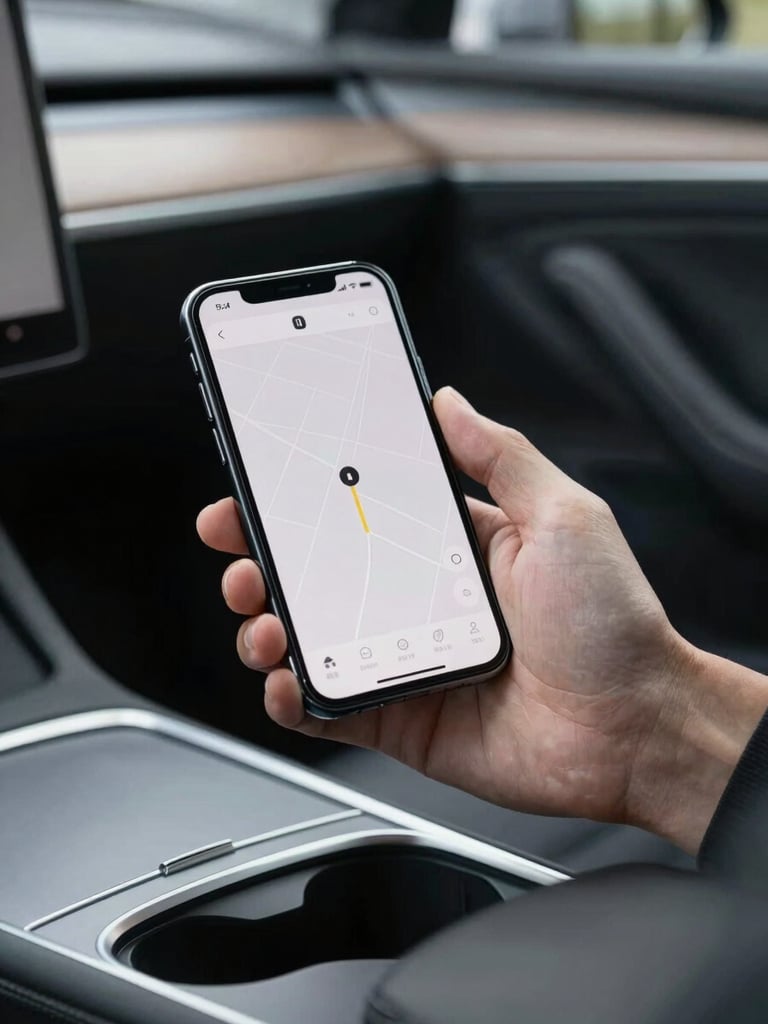 Hand resting on a car console holding a smartphone, soft ambient interior light, the screen shows a minimal route and fuel station interface with clean sans-serif typography, neutral grey interior surroundings