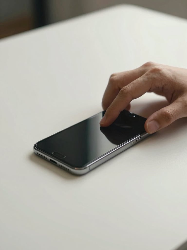 Close-up of a hand resting on a minimal desk surface, fingertips lightly touching a smartphone face-down, soft north-facing studio daylight, precise shallow depth of field, off-white tabletop, quiet indoor clarity