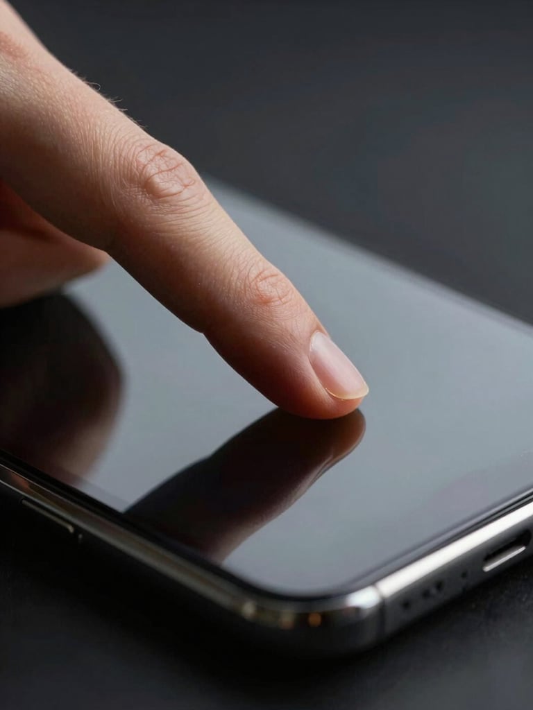 Extreme close-up of a fingertip pressing a smartphone screen, captured under clean studio strobes, the glass surface catching a sharp specular highlight, dark background, interaction moment isolated from all environment