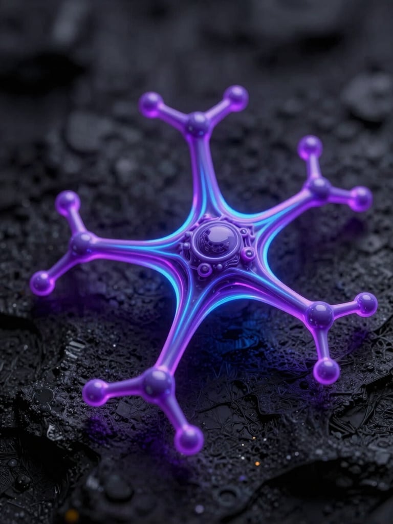 Macro shot of abstract 3D neural network nodes glowing with neon violet and electric blue edge lighting against a dark obsidian background.