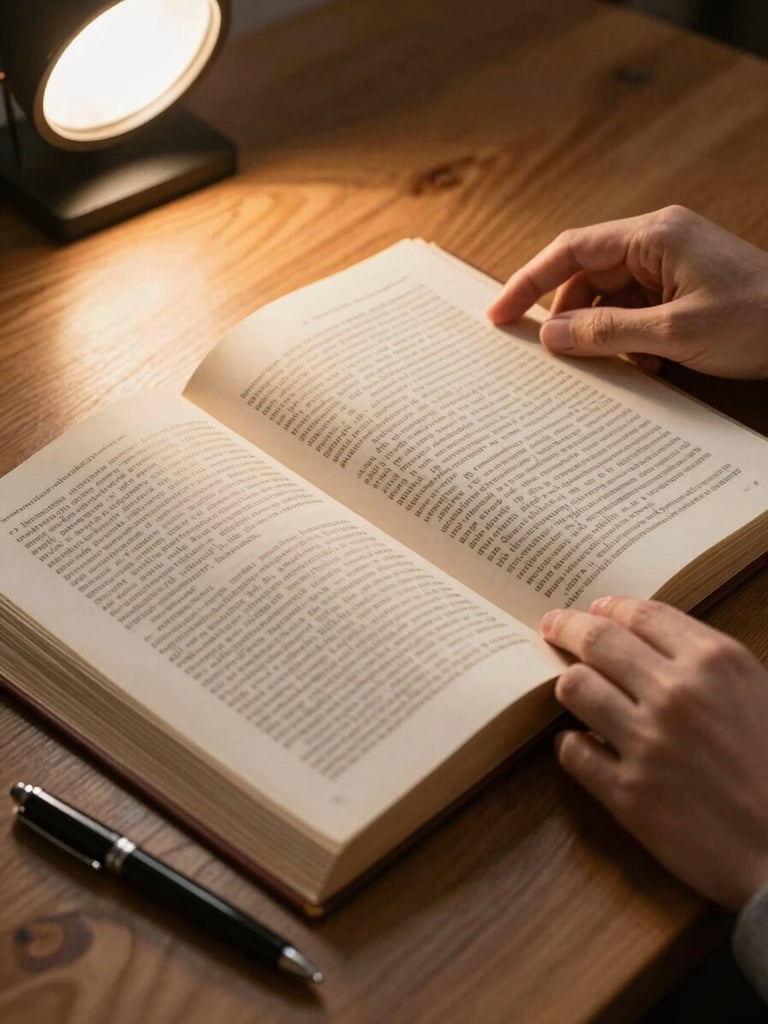 Close-up of hands turning a page in a dense printed manuscript on a wide oak desk, warm controlled studio light from above-left, pen resting diagonally across the bottom corner, page texture visible