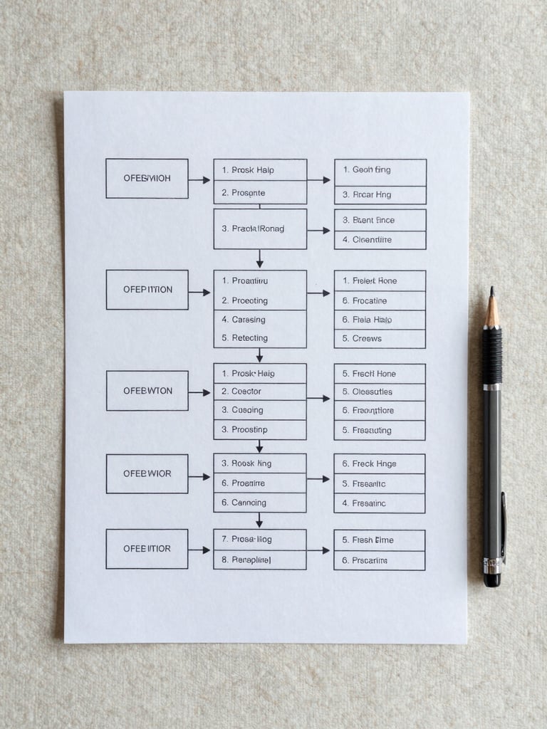 Overhead flat-lay of a structured process framework on paper — printed step-by-step worksheet with numbered sections, a mechanical pencil resting beside it, on a pale linen surface under cool diffused studio light