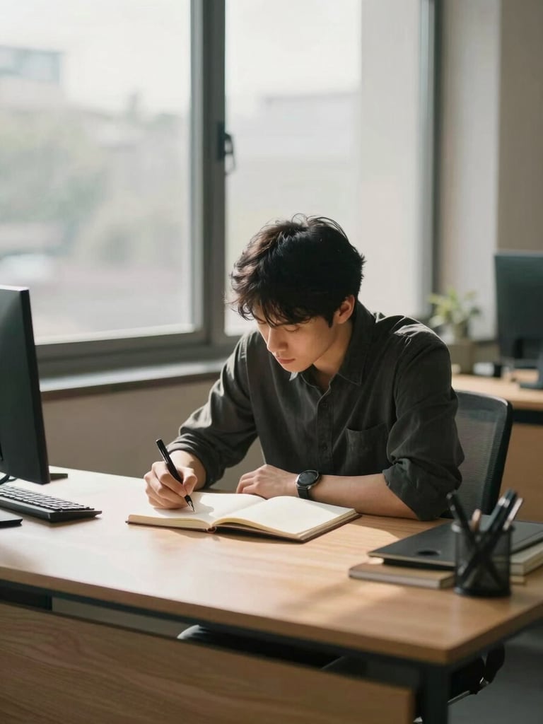 Wide environmental shot of a quiet desk workspace — a single person seated, head slightly bowed over an open notebook, pen in hand, controlled north-facing window light casting soft shadows on the desk surface, no clutter, methodical and focused atmosphere