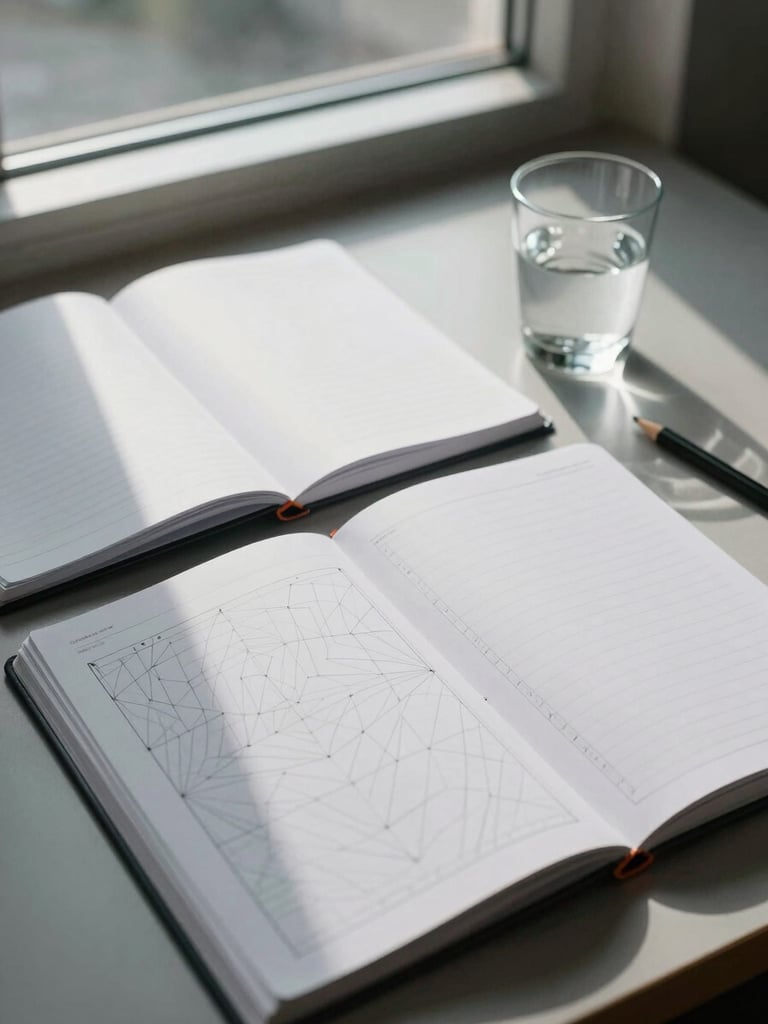 Wide editorial shot of a structured workspace: open notebooks, geometric ruled frameworks on paper, a glass of water and a pencil to the right side, cool north-facing daylight from a window off-frame, desk surface occupying most of the frame with negative space at top