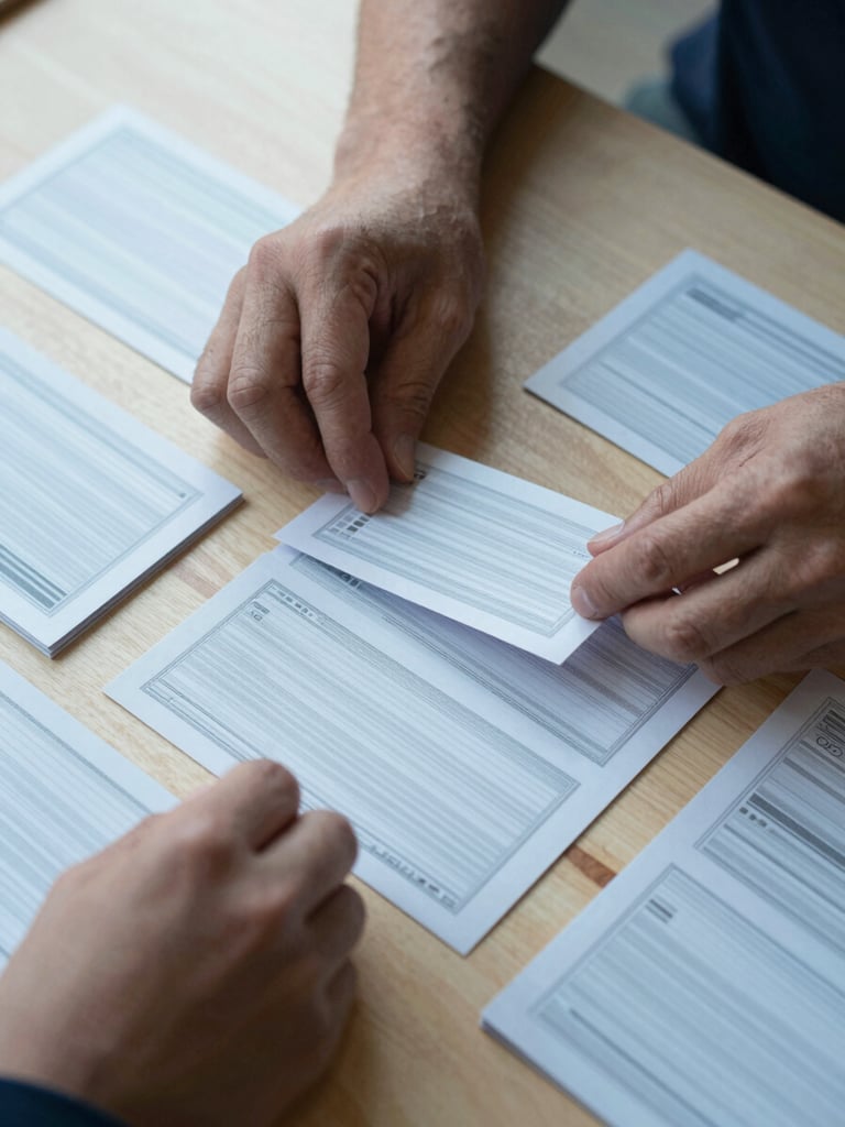 Close-up of hands arranging printed framework cards on a light wooden table, methodical overhead angle, cool diffused daylight, structured and deliberate arrangement suggesting systematic thinking