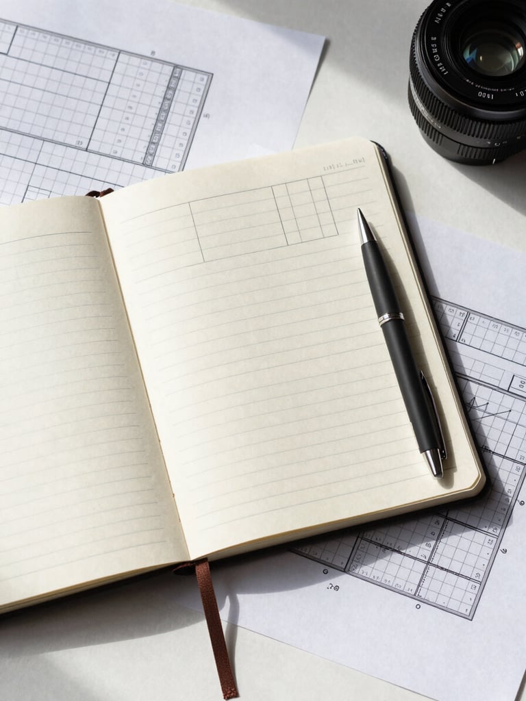 Wide flat-lay overhead view of an organized workspace: open notebook with structured framework notes, a precise pen resting on ruled paper, architectural grid lines printed on documents, controlled north-facing daylight casting minimal shadow across a clean desk surface