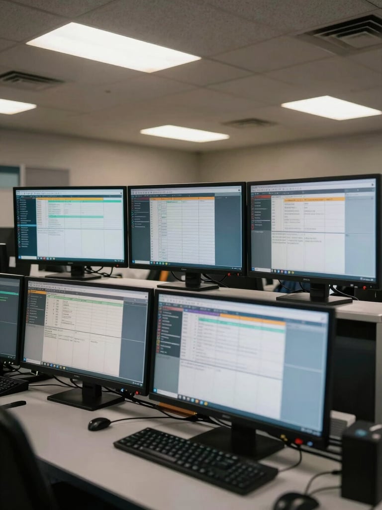 Wide shot of a dispatch workstation mid-shift, multiple monitors showing load boards and compliance dashboards under fluorescent light, no people visible, operational detail in focus
