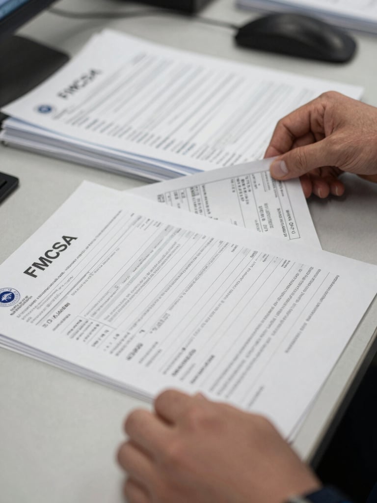 Close-up of hands on a desk sorting FMCSA regulatory forms and load tickets under cool fluorescent office light, stacked paperwork visible in sharp detail, tight documentary framing