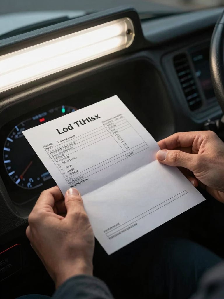 Close-up of hands holding a printed load ticket on a truck cab dashboard, fluorescent dispatch room light spilling from the left, load rate figures visible on the form, deep shadow framing the edges