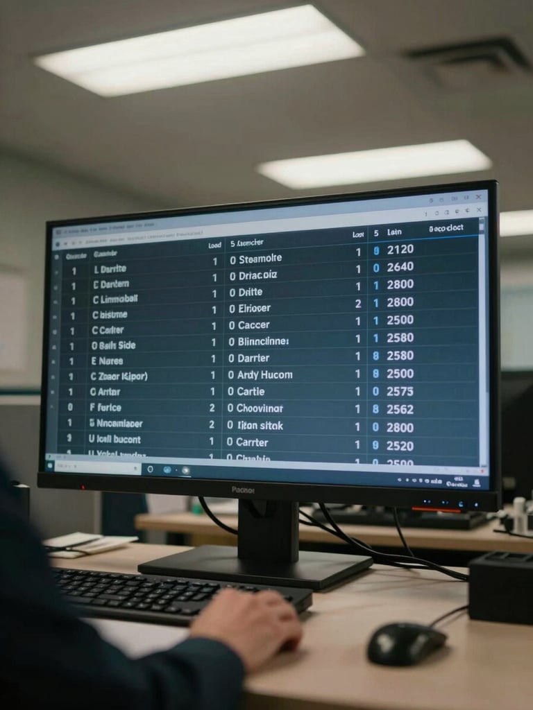 Wide shot of a dispatch screen mid-shift showing load board figures and carrier names under fluorescent office light, a hand resting on the desk in the foreground, no visible faces