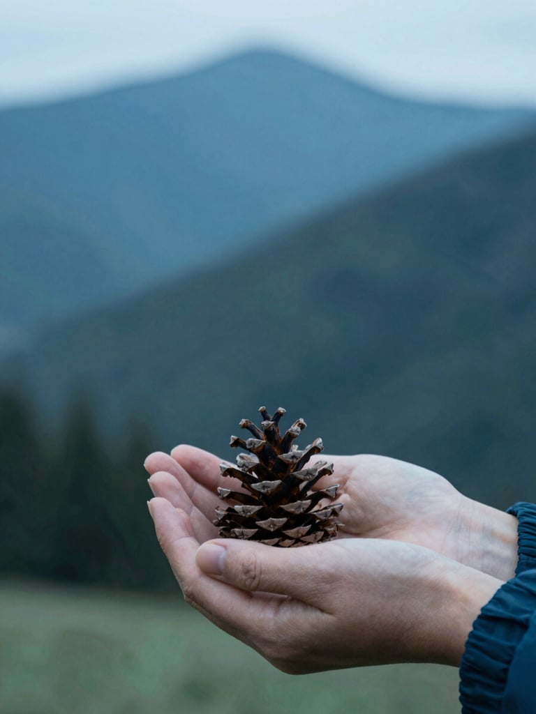 A close-up of hands gently holding a small Colorado pinecone, soft focus, sage green and deep blue tones, cool morning light, 35mm