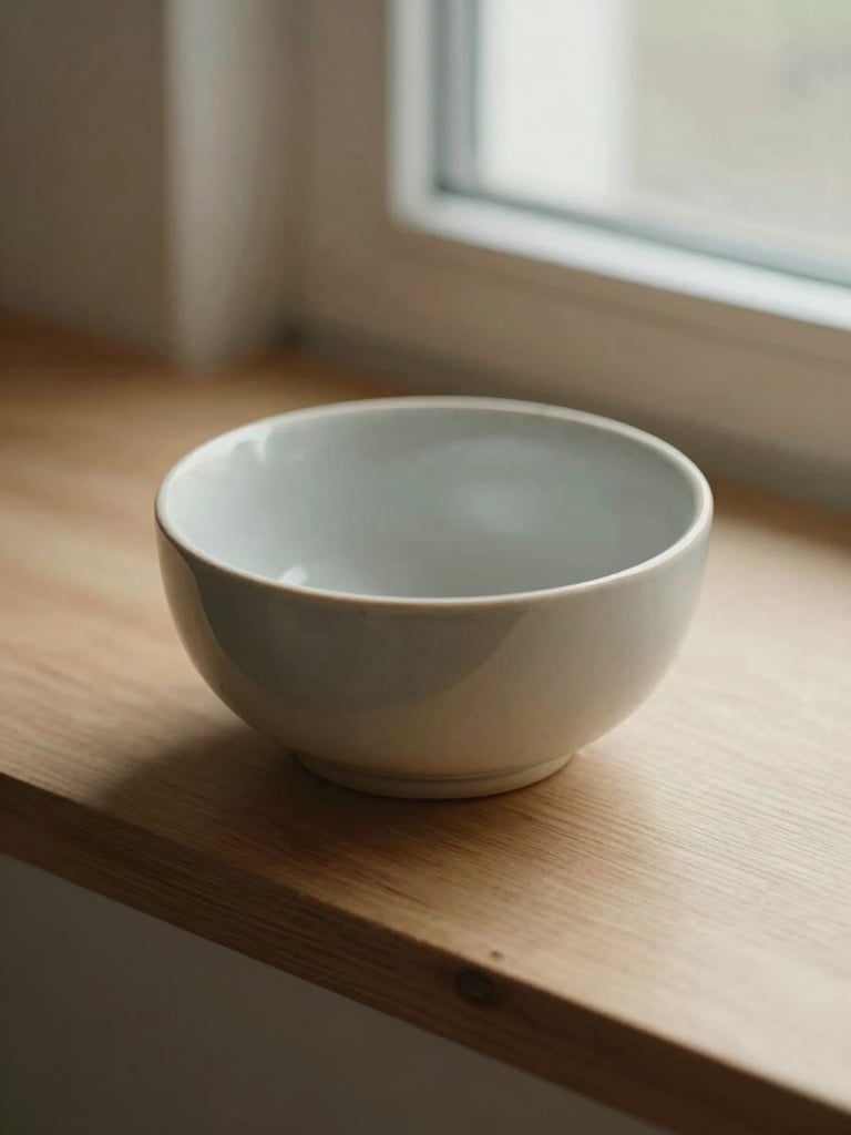 Close-up overhead view of a single ceramic object resting on a bare wooden shelf, soft natural daylight from a nearby window casting a gentle shadow, warm and still, no clutter