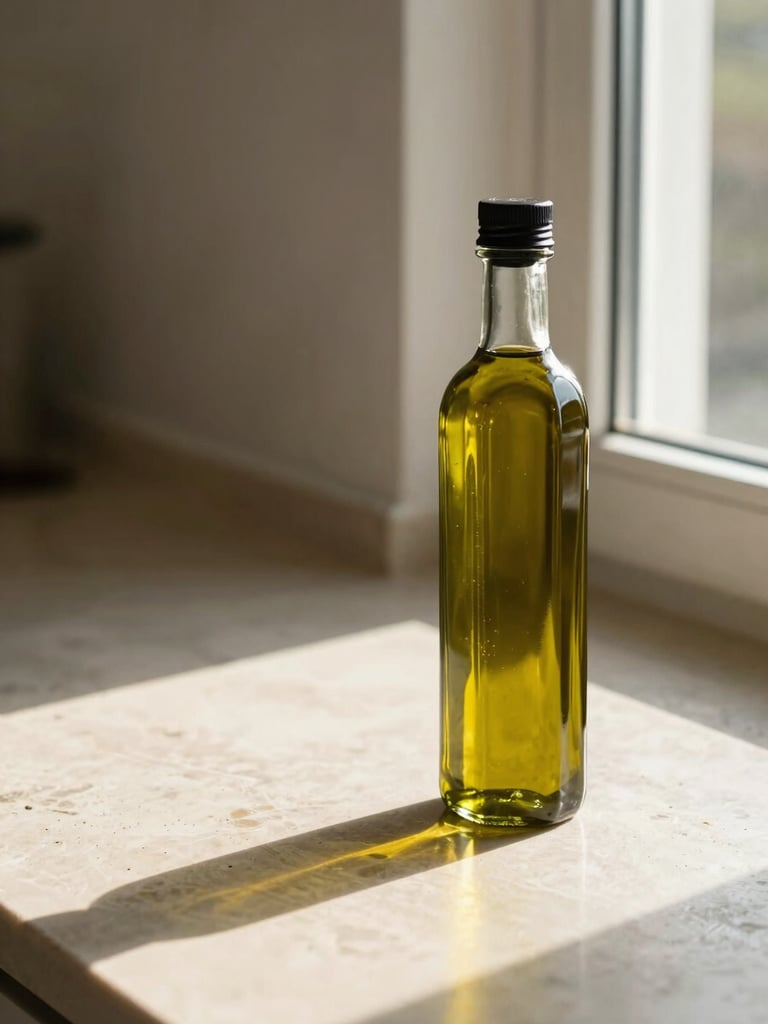 A single glass bottle of olive oil standing on a pale stone surface near a window, late afternoon light casting a long warm shadow to the left, the bottle slightly off-center to the right, generous empty space on the left side of the frame