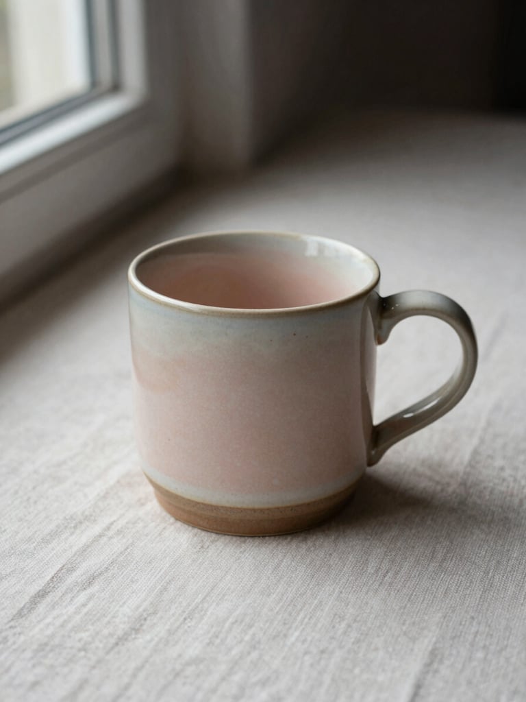 Close-up of a single ceramic mug on a pale linen surface, soft natural window light falling from the left, gentle shadow pooling to the right, warm blush undertones in the ceramic glaze, minimal negative space around the object