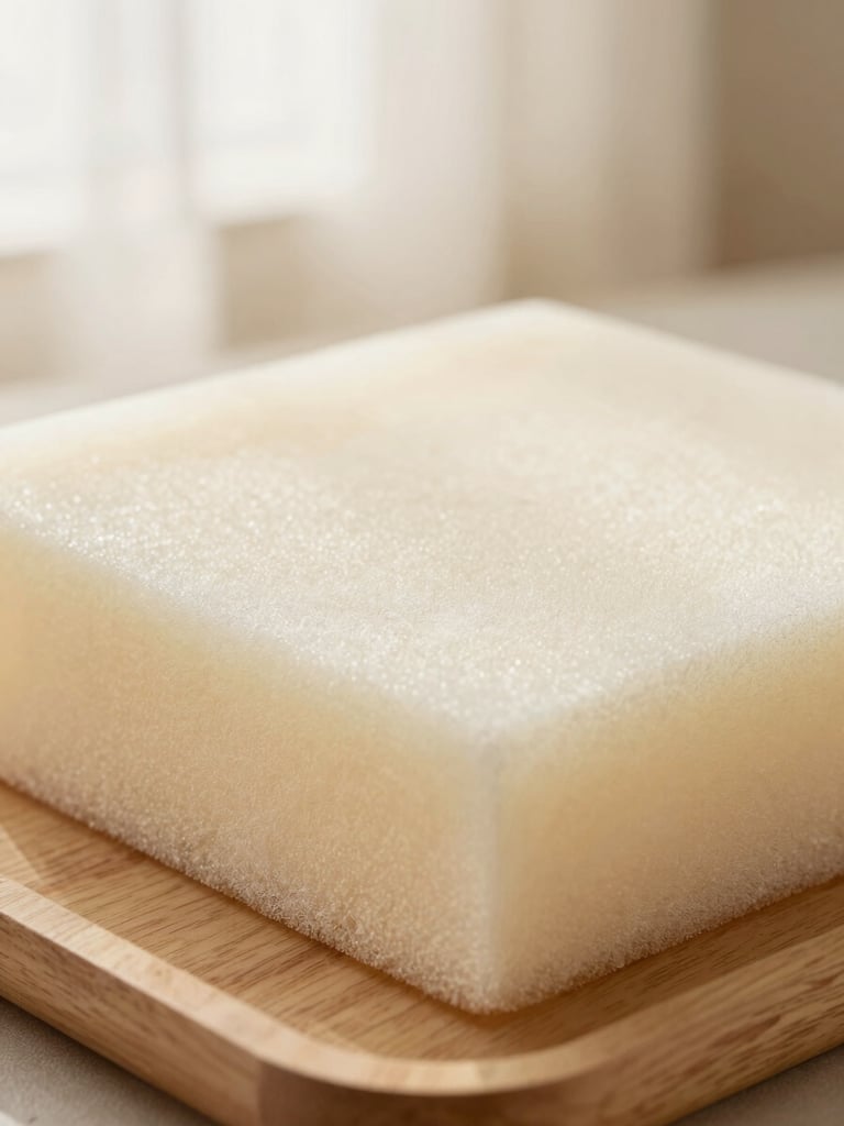 Macro close-up of high-density memory foam meeting a walnut wood-grain tray, soft side lighting, warm tones