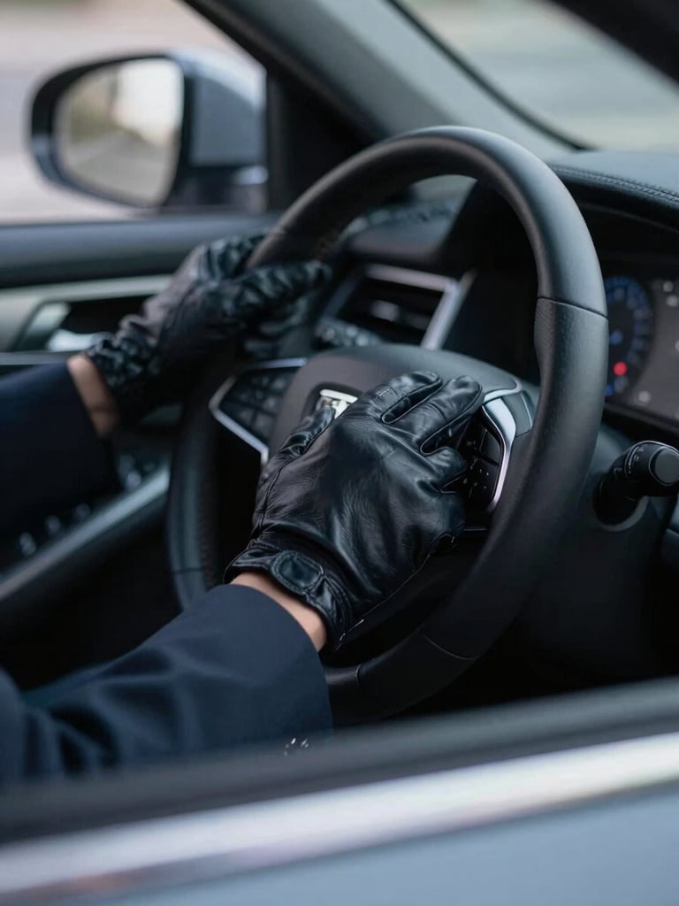 Close-up of a professional chauffeur's hands in dark leather gloves on a steering wheel of a modern luxury vehicle, soft dashboard lights, cool low-key lighting, shallow depth of field