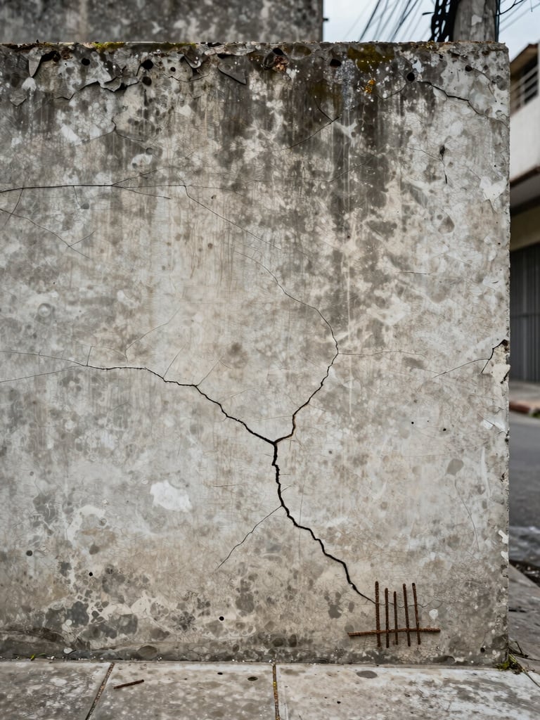 Close-up of a cracked concrete wall at street level in a Brazilian neighborhood, flat overcast light revealing moisture stains and exposed rebar, urban sidewalk visible at bottom of frame