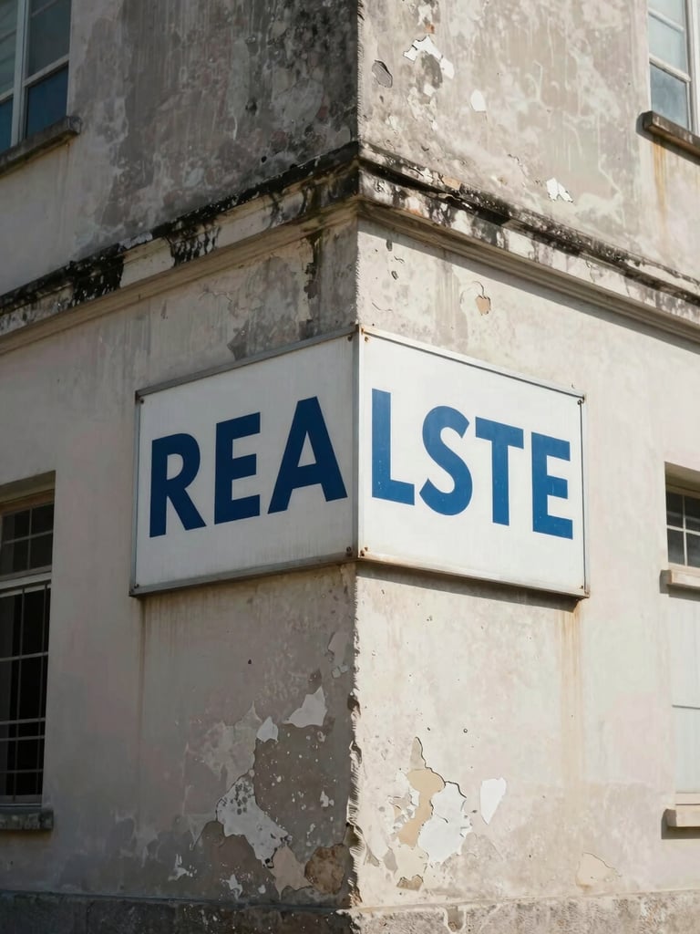 Close-up of a Brazilian street-corner building exterior in flat daylight — peeling paint and weathered concrete facade visible, a faded real estate sign attached to the wall, ordinary urban texture with no staging