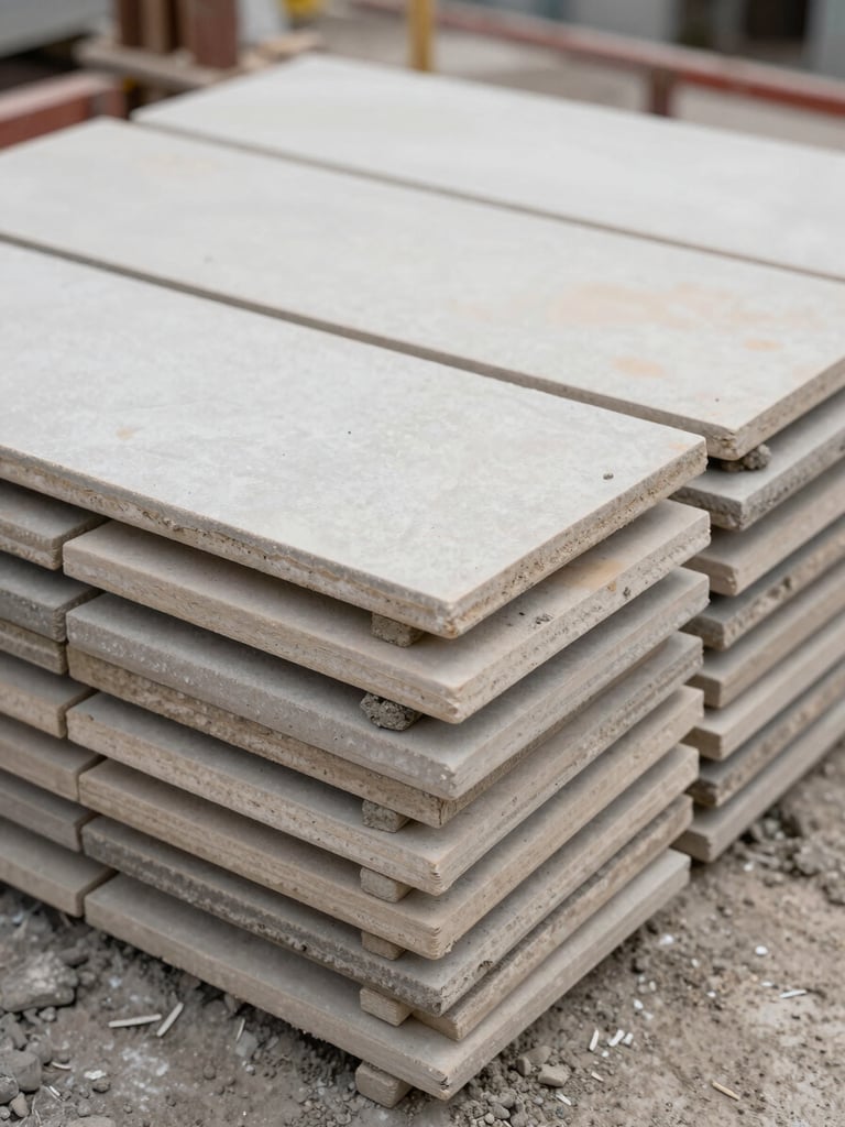 Close-up of stacked ceramic floor tiles on a construction site floor, natural overcast daylight, rough edges and cement residue visible, no people, documentary framing