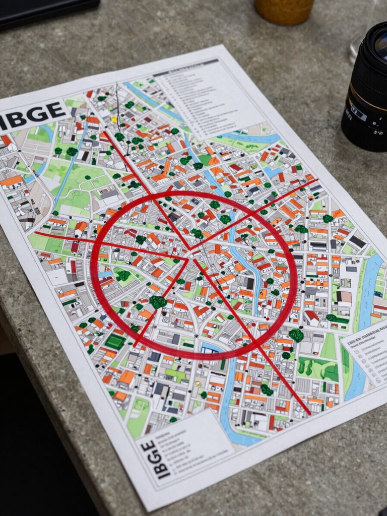 Overhead documentary shot of a Brazilian neighborhood map spread flat on a concrete table, red pen markings circling a flood-risk zone, a printed IBGE data sheet partially visible underneath, flat artificial light from above
