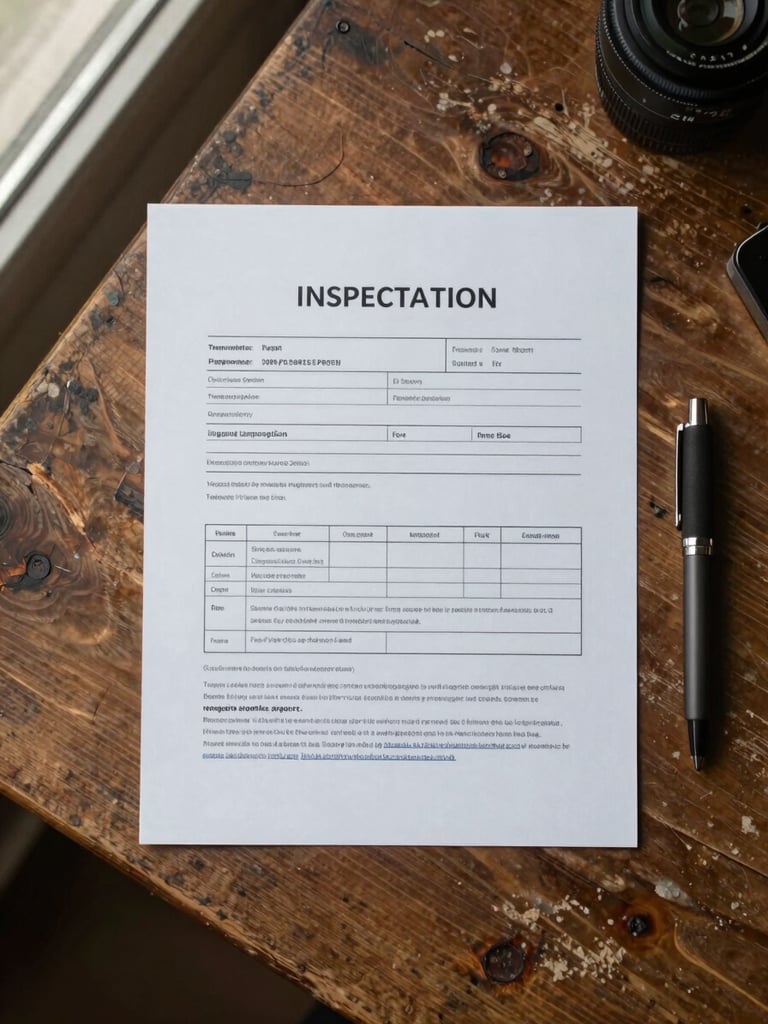 Overhead flat-lay of a property inspection report document on a weathered wooden desk, a pen resting beside it, natural window light from the left, no people, muted tones, documentary style