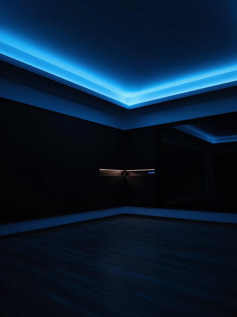 Wide environmental shot of a luxury living room at night, shot from a low dramatic angle toward the far corner — recessed ceiling strips emit a precise neon-blue glow tracing the architectural lines, a slim smart panel mounted flush on the dark wall barely visible in the mid-ground, no people, no warm light sources, only cool electric-blue architectural accents cutting through near-black space, studio-strobe precision