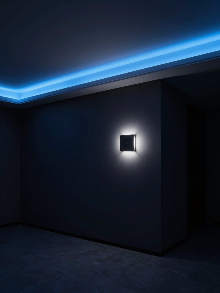 Wide architectural interior at night, a minimalist living room corner viewed from a low diagonal angle, neon-blue LED strip lighting recessed along the ceiling perimeter casting a precise electric-blue glow across dark matte walls, a single smart lighting panel mounted flush on the wall glowing softly, no people, studio strobe precision, high-contrast near-black shadows
