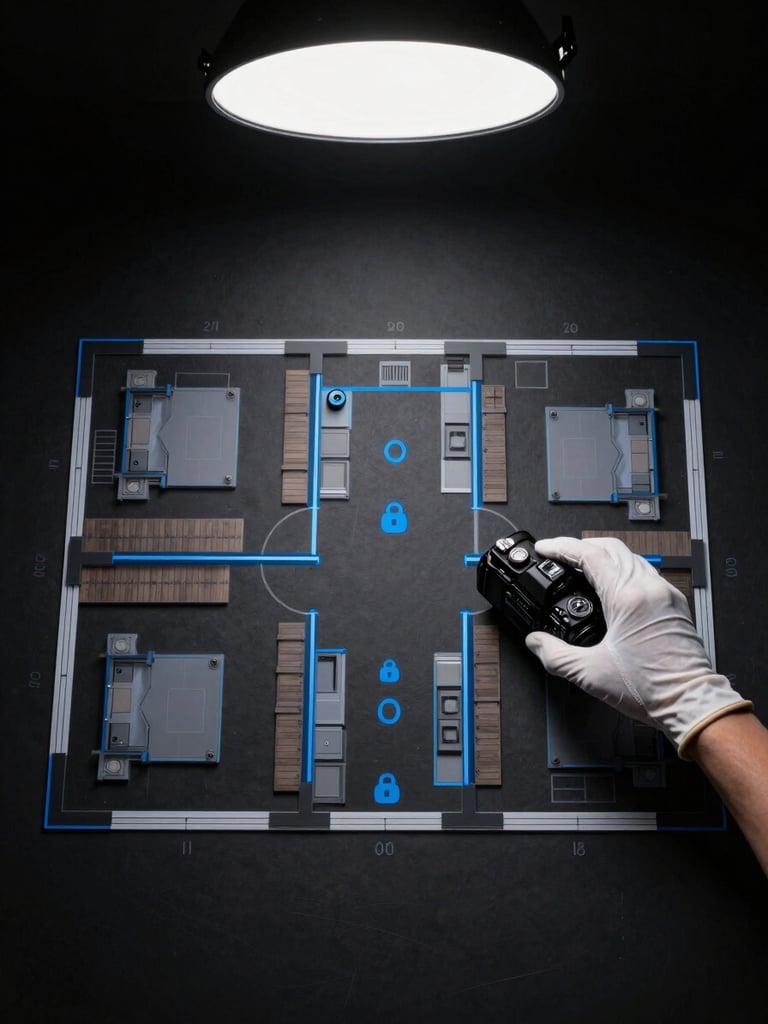 Wide panoramic overhead shot of a residential floor plan spread on a matte-black surface, neon-blue marker lines indicating camera coverage zones and lock positions, a single gloved hand placing a miniature camera model on the plan, studio strobe from directly above, deep shadow on the periphery