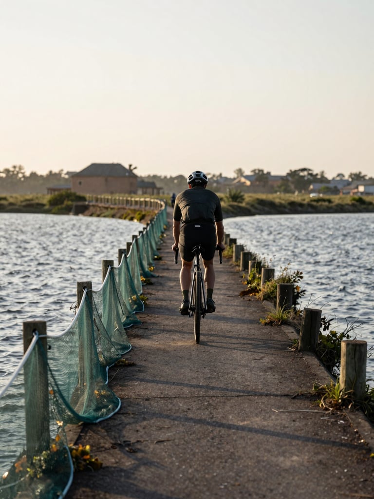 Telephoto compression of a cyclist moving along a narrow raised dyke path, fishing nets draped over wooden posts in the foreground, lagoon water on both sides catching early morning light, no eye contact, documentary framing
