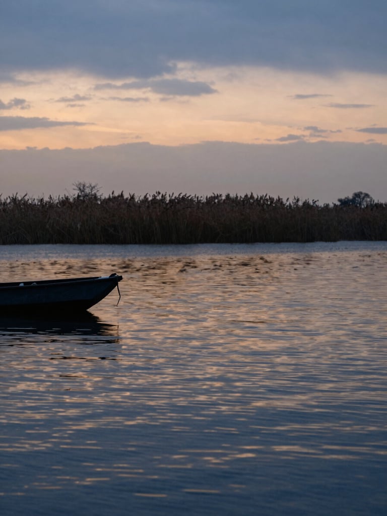 Wide telephoto frame compressed across a Po Delta lagoon at dusk — a flat-bottomed bragozzo silhouetted at the left edge, the water surface layered in deep blue and burnt amber horizontal bands, reed beds fading into soft focus on the far shore, overcast sky bleeding into the water, zero human staging