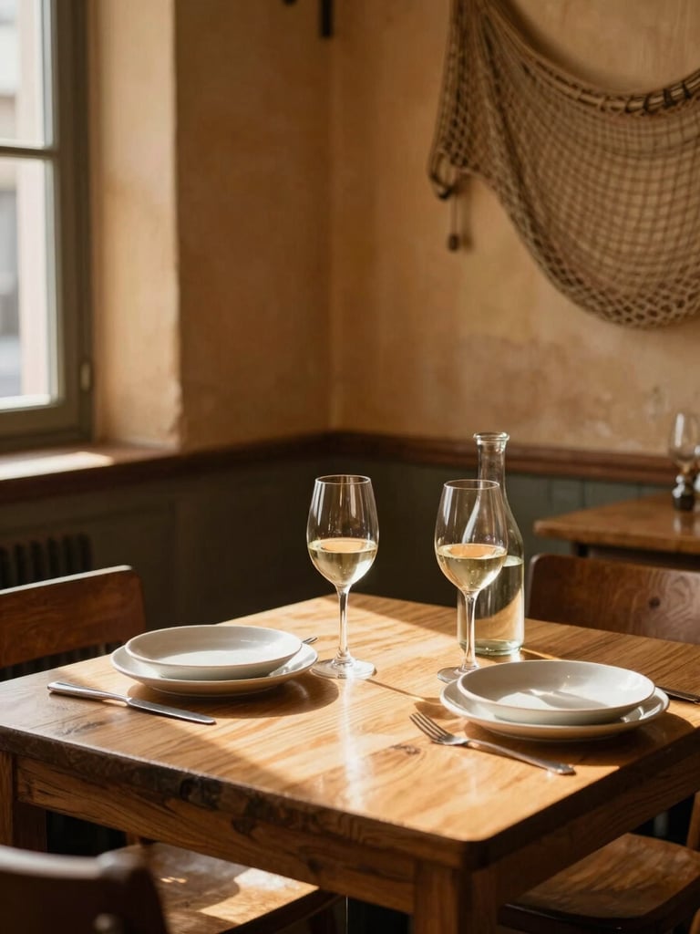 Telephoto-compressed view of a small trattoria interior — a bare wooden table set with plain ceramic bowls, two wine glasses, a carafe of white wine, no diners present, warm late-afternoon light raking through a single side window casting long soft shadows across the table surface, walls showing old plaster in ochre tones, fishing net draped in the background out of focus