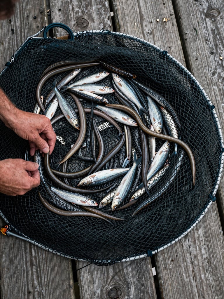 Overhead close-up of a fishing net spread across weathered wooden deck planks, a heap of small eels and silver fish visible in the mesh centre, rough hands visible at the frame edge sorting the catch, diffuse overcast morning light, no shadows