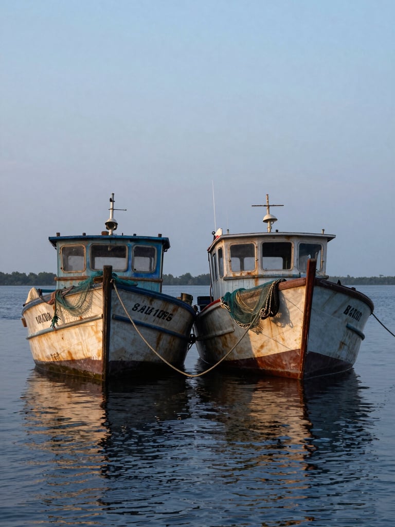 Telephoto compression of two weathered fishing boats moored side by side on a still delta channel at dawn, nets draped over the stern in loose folds, soft diffuse overcast light catching the texture of aged wood and rope, deep blue water below, no people in frame, documentary framing