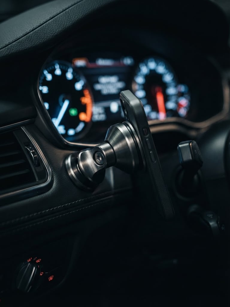 Macro shot of a brushed alloy magnetic mount inside a modern car cockpit, dramatic dashboard instrument glow, shallow depth of field.