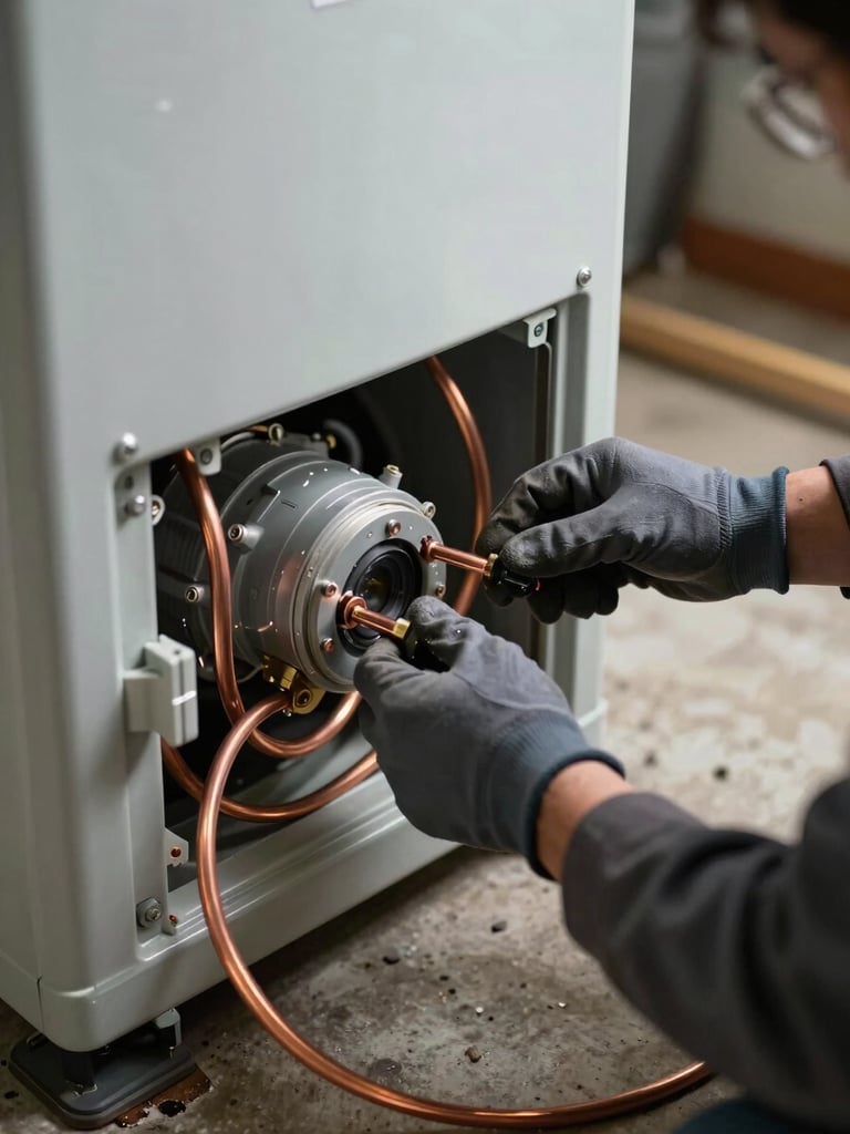 Close-up of a technician's gloved hands connecting copper refrigerant lines on a new furnace unit in a residential basement, ambient indoor light, concrete floor visible, clean install in progress