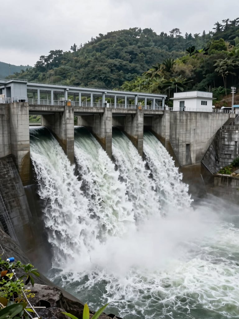 Wide shot from the base of a large concrete dam spillway, water surging through open gates at full flow, dramatic scale of civil structure against forested hillside, overcast daylight with mist rising from discharge